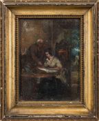 Attributed to David Wilkie [1785-1841]- An interior with two figures,:- oil on board, 13 x 10cm.
