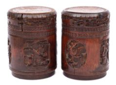 Two Chinese bamboo boxes and covers: of cylindrical outline,