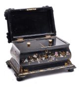 A Victorian papier-mache and mother-of-pearl inlaid tea caddy: of sarcophagus outline,