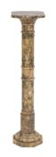 A grey and pale yellow variegated onyx marble pedestal:, the square top with cut corners,