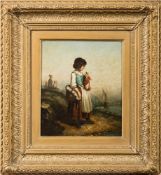 English School 19th Century- Child on a lake shore with doll and basket,:- oil on canvas, 24 x 20.