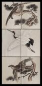 A large Japanese woodblock print in two parts: depicting a flying crane, 94 x 130,