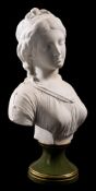 A Continental bisque porcelain bust: of a girl with ribbon tied shoulder length hair,