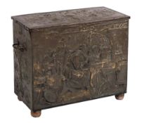 An embossed brass rectangular log box:, the hinged top with mask,