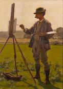 British School early 20th Century- The Artist, en plein air,:- oil on canvas, 70 x 50cm,