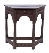 A 17th Century and later oak credence table:, with a plain canted top,