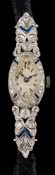 A lady's sapphire and diamond mounted cocktail wristwatch: the dial with Arabic numerals,