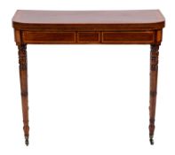 A George III mahogany and inlaid card table:, bordered with boxwood and ebony lines,