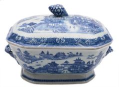 A Chinese blue and white tureen and cover: of octagonal form with entwined vine branch handles and