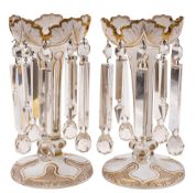 A pair of Bohemian white and clear overlay glass lustres: of traditional foliate design embellished