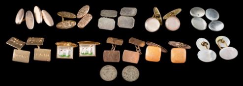 A pair of rectangular panel cuff-links: applied with initials and stamped to the reverse '14K