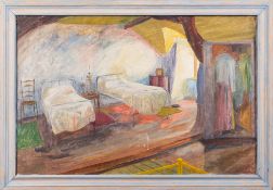 * Raymond James Coxon [1896-1997]- Attic bedroom interior,:- oil on canvas, 49 x 75cm.