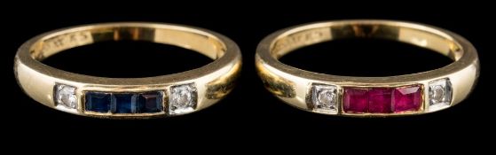 Two diamond and gem-set bands stamped '585': approximately 4g gross weight,