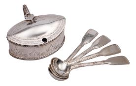 A set of four Victorian silver Fiddle and Thread pattern mustard spoons, maker Chawner & Co, London,