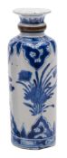 A Chinese blue and white cylindrical bottle vase: with knopped neck and painted with peony sprays