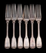 A set of four Victorian double struck fiddle and thread pattern table forks, maker Robert Stebbings,