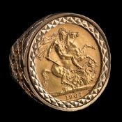 A 9ct gold full sovereign ring: the sovereign, 1967, mounted in a ring setting,