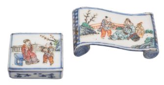 A Chinese famille rose brush rest and a similar water dropper: the brush rest of scroll form,