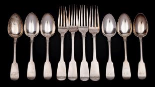A matched set of six silver Fiddle pattern dessert spoons, various makers and dates: monogrammed,