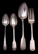 An Irish silver Fiddle pattern tablespoon, a fork and two dessert spoons:, various makers and dates,