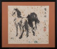 A Chinese painting, signed Ye Zuiibai: depicting two fine wild horses on gold flecked paper,