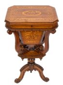 A Victorian rosewood and marquetry work table:, of rectangular shape, with canted angles,