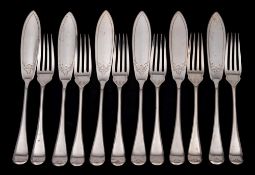 A set of six George V silver fish knives and six forks, maker Viners Ltd, Sheffield, 1930: 595gms,