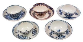 A group of three First Period Worcester blue and white teabowls and saucers and two Liverpool [John