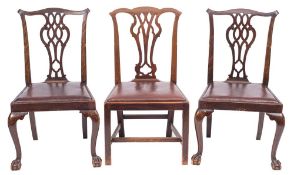 ! A set of six early 20th Century mahogany dining chairs in the Chippendale taste:,