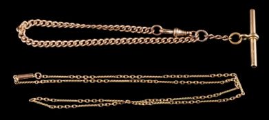 A 9ct gold curb-link chain: suspending a watch chain 'T' bar, stamped 9c; and a gold necklace, 18.