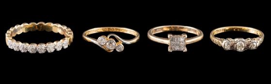 Two 18 carat gold and diamond three-stone rings:,