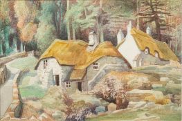 * Edward Bouverie-Hoyton [1900-1988]- Village scene with thatched cottages on the edge of a wood,