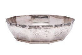 A George V silver fruit bowl, maker Walker & Hall, Sheffield, 1934: inscribed, of polygonal outline,