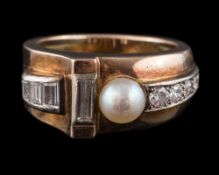 A 1940s pearl and diamond odeonesque ring: the pearl between old cut and baguette cut diamonds,