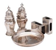 A mixed lot of silver, various makers and dates: includes, a pair of pepperettes,