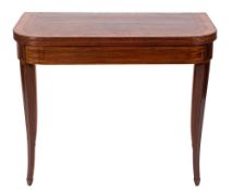 A Regency mahogany and inlaid rectangular card table:, crossbanded in kingwood,