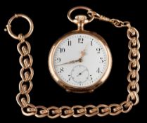 A gentleman's 14ct gold open face pocket watch: the white enamelled dial with Arabic numerals and