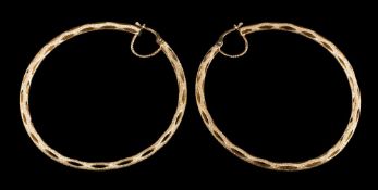A pair of gold coloured hoop earrings: the hoops with a Florentine finish, stamped 14k, 5.