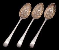 Three George III silver old English pattern berry spoons, maker John Lambe, London,