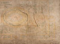 An Indian carpet:, the beige field with a central oval flowerhead and foliate medallion,