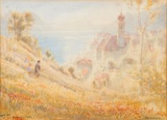 Albert Goodwin [1845-1932]- Gersau, Lake Lucern,:- signed and inscribed watercolour, 26 x 35.5cm.