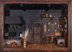 A set of three painted wood Tyrolean miniature room interiors: having polychrome decoration to the