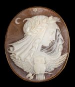 A shell cameo brooch: the oval shell cameo carved with the Godess Nyx, in a gold mount, stamped 9ct,