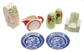 A mixed lot of Art Deco and other ceramics: comprising a Clarice Cliff 'bonjour' sugar sifter in
