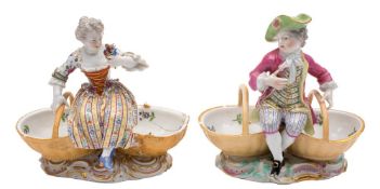 A pair of Meissen figural sweetmeat dishes and a similar pair: each pair modelled as a boy and girl