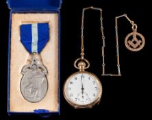 A gentleman's gold plated open face pocket watch: on a two tone chain stamped '18' with attached