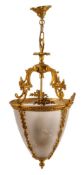 A gilt metal and frosted glass pendant light: with central stem and four foliate scrolling branches