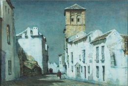 Albert Moulton Foweraker [1873-1942]- Moonlit evening village street scene,:- watercolour,