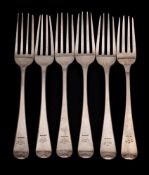 Six assorted Georgian silver Hanoverian pattern dessert forks, various makers and dates: crested,