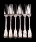 A set of six George IV silver double struck fiddle and Thread pattern dessert forks,